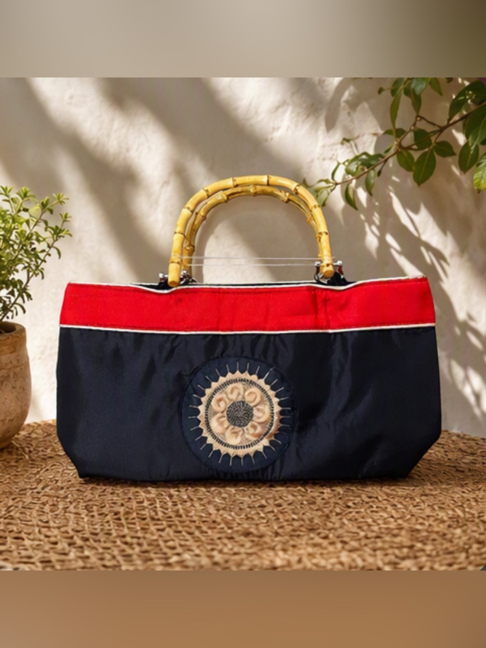 🌹 Fibonacci Sun Embroidery Black & Red Satin Handbag with Bamboo Handles 🌹 NWT